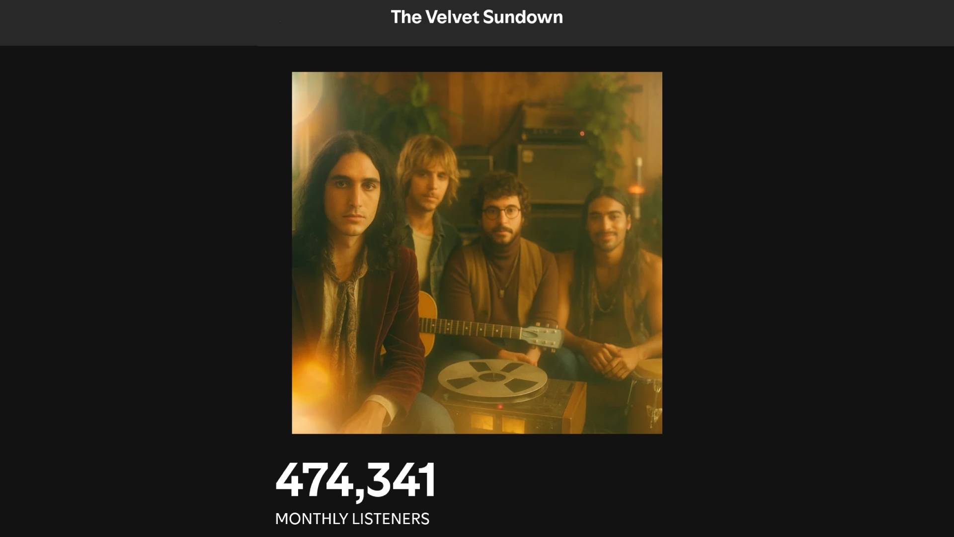 A screenshot of The Velvet Sundown's monthly listener count on Spotify: 474,341