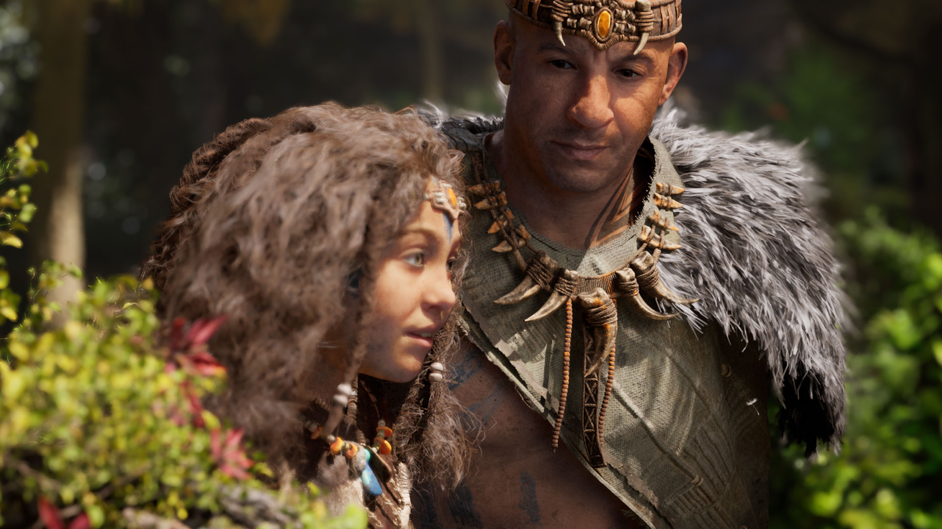 Ark 2 screenshot which shows a highly-detailed character model of Vin Diesel in conversation with another character