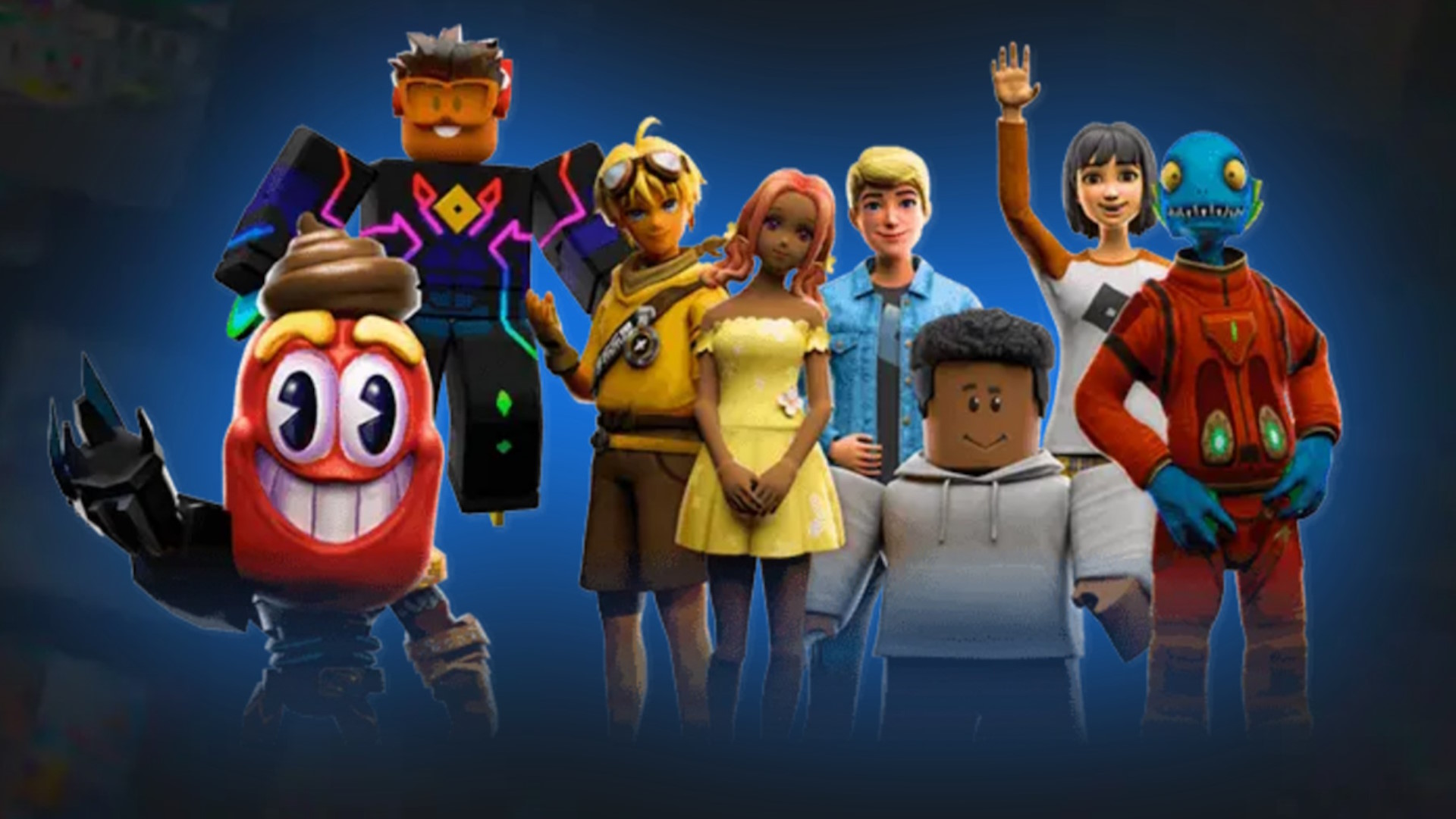 llwv2tktv5gvg9skuqpt78-1 Roblox Creators image - eight Roblox characters standing side-by-side, waving at the viewer