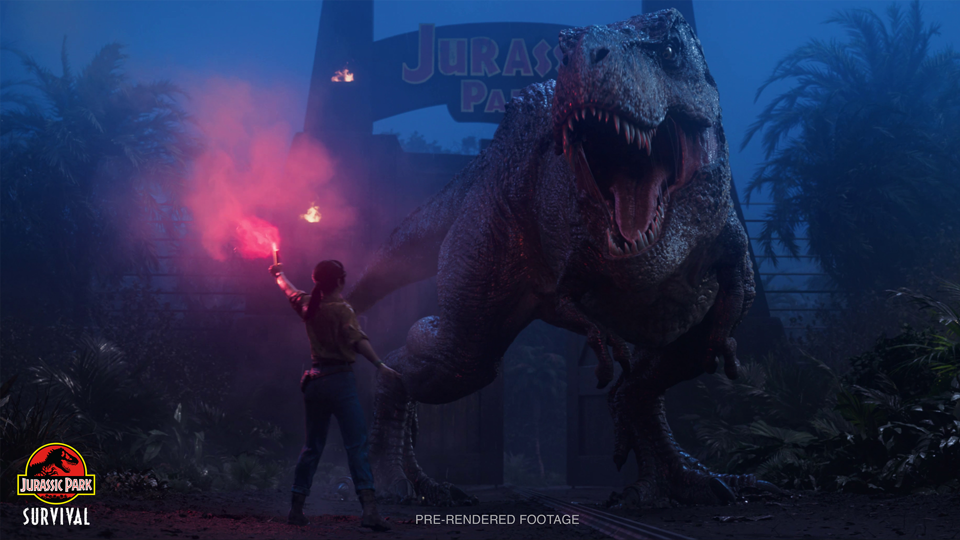 Jurassic Park: Survival announcement screenshot with a woman holding a flare and a roaring T-Rex.