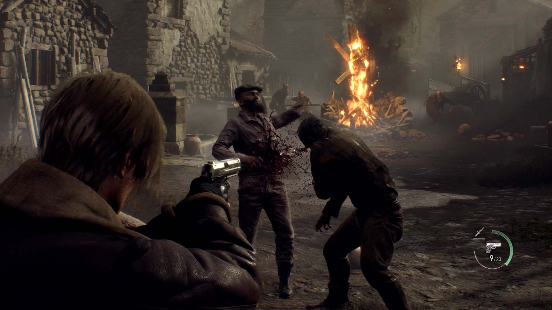 Resident Evil 4 Remake screenshot of Leon Kennedy shooting possessed villagers.