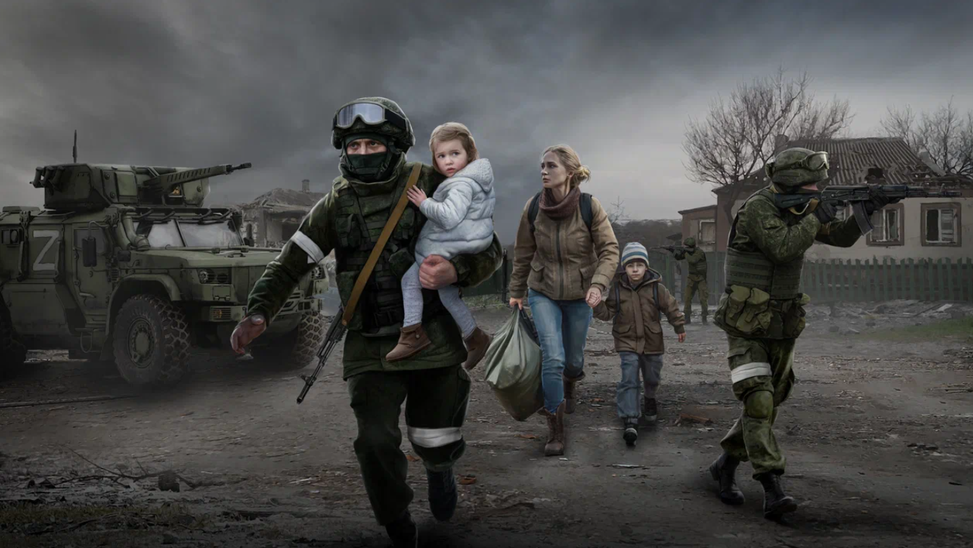 Artwork of Russian soldiers leading civilians out of a conflict zone.