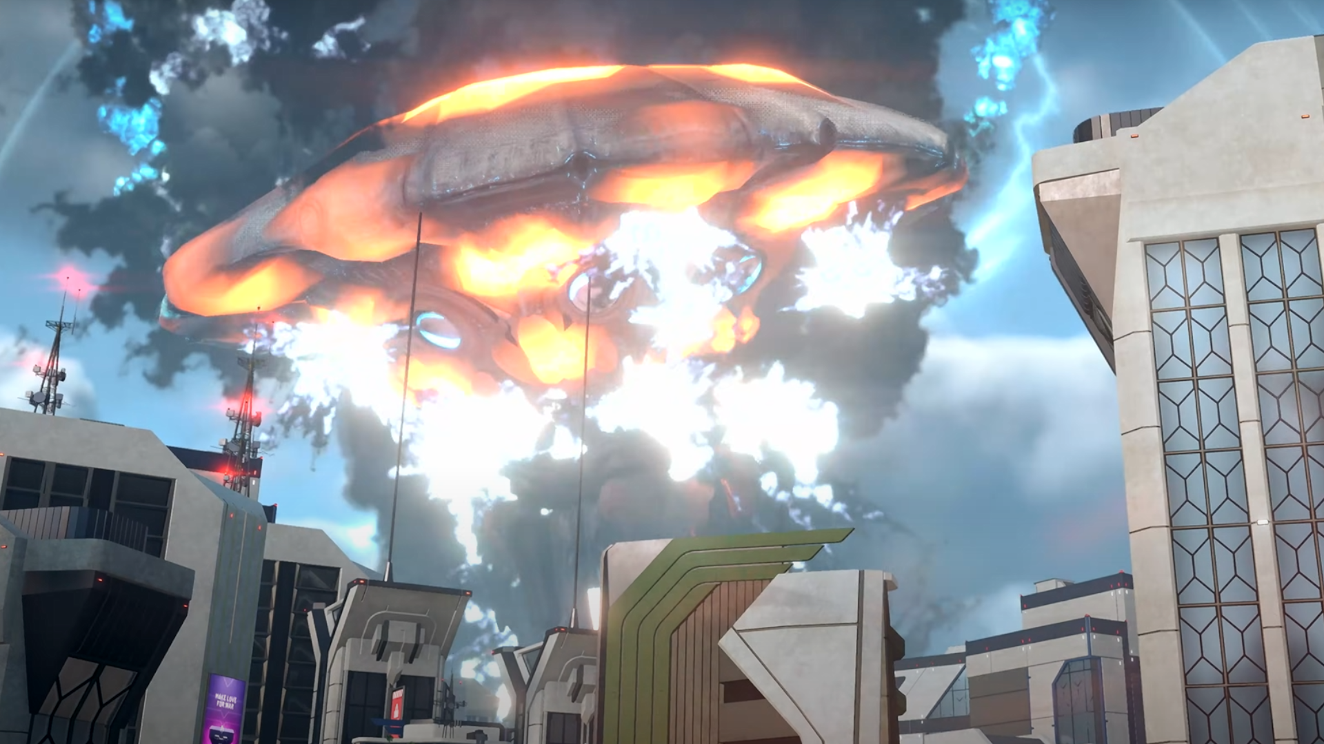 A large illuminate structure explodes in the middle of a Super Earth city in Helldivers 2.