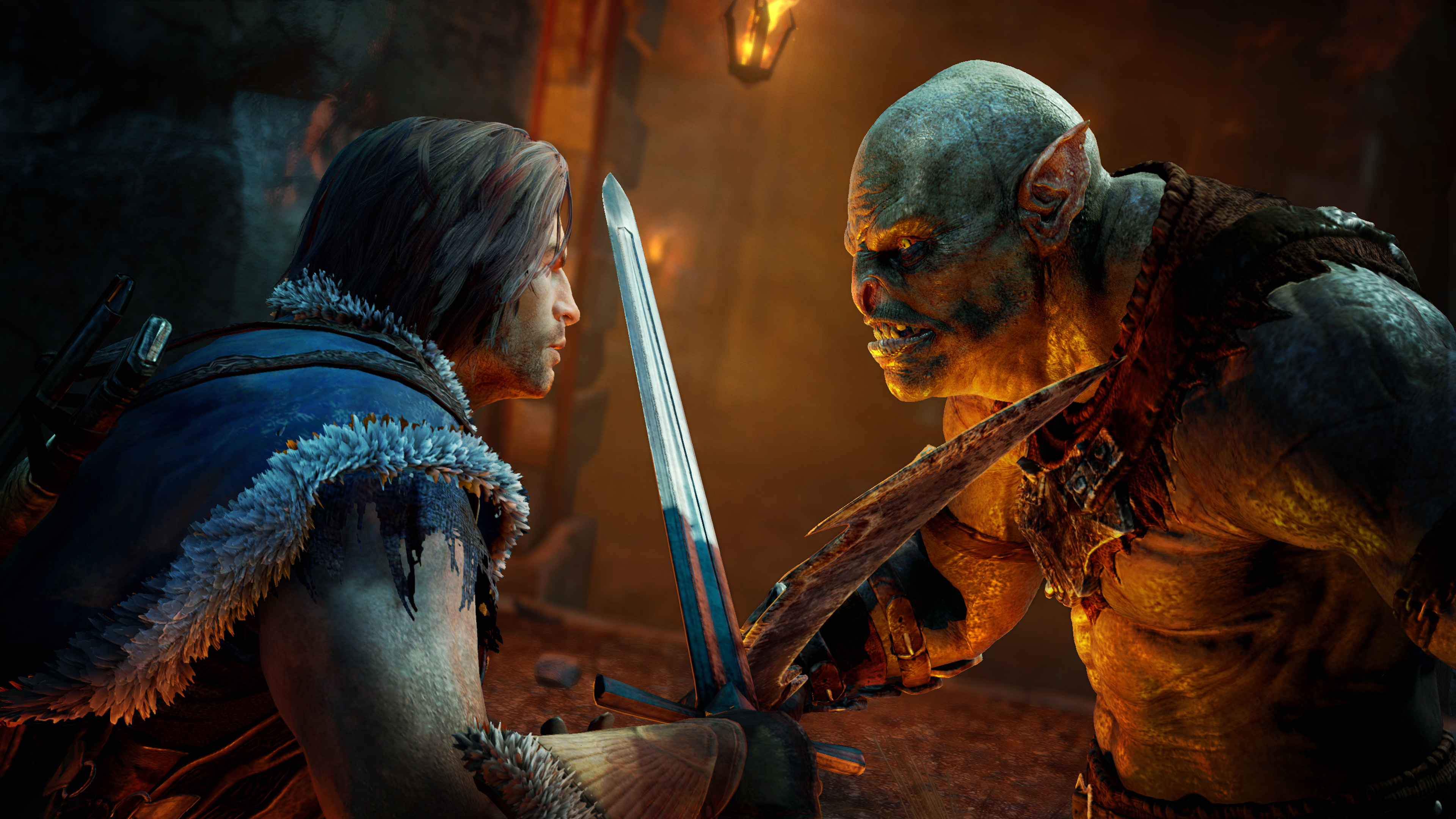 Talion confronting an orc captain in Middle-earth: Shadow of Mordor