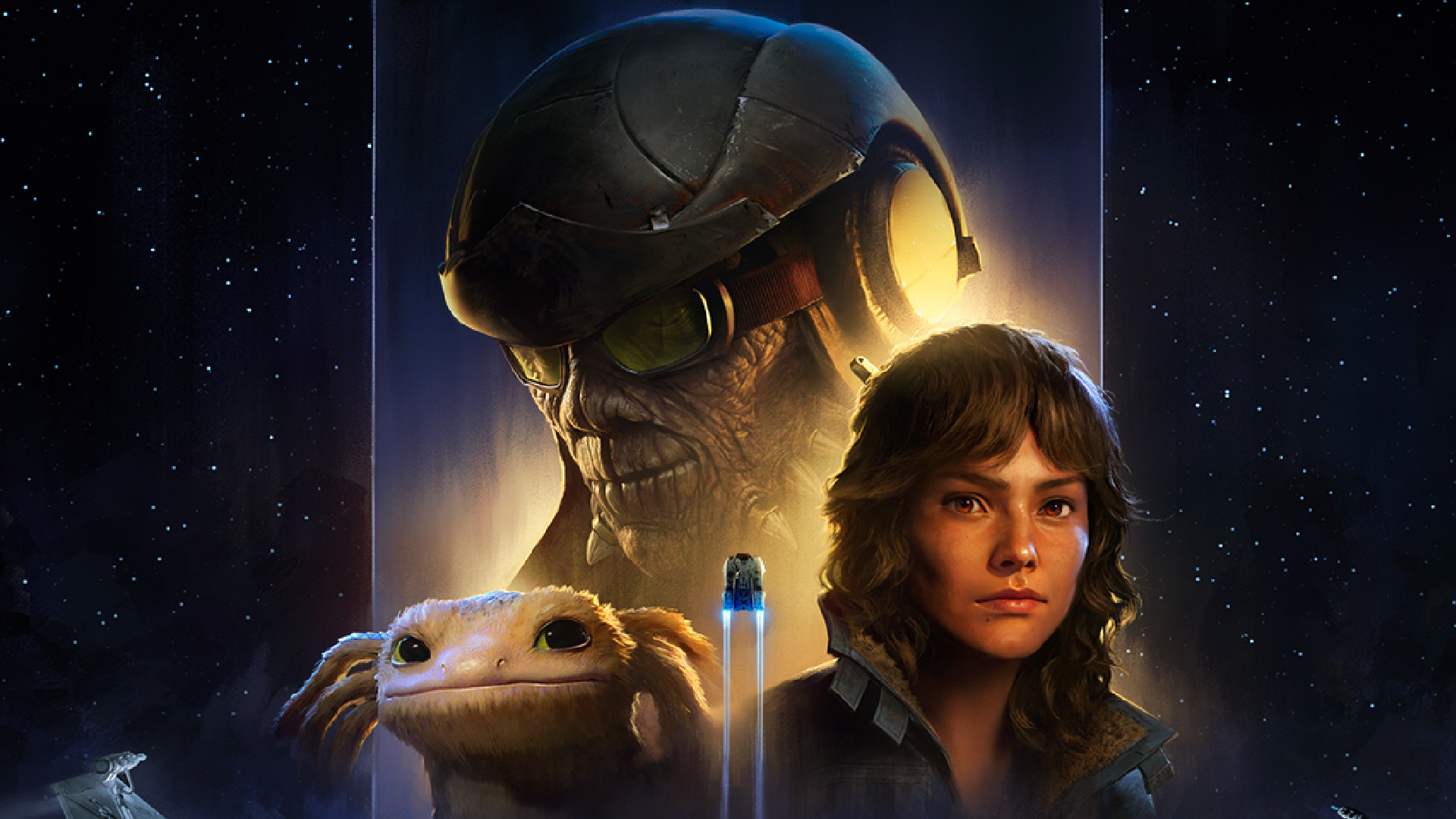 Hondo Ohnaka, Kay Vess, and Nix in a poster for Star Wars Outlaws: A Pirate's Fortune