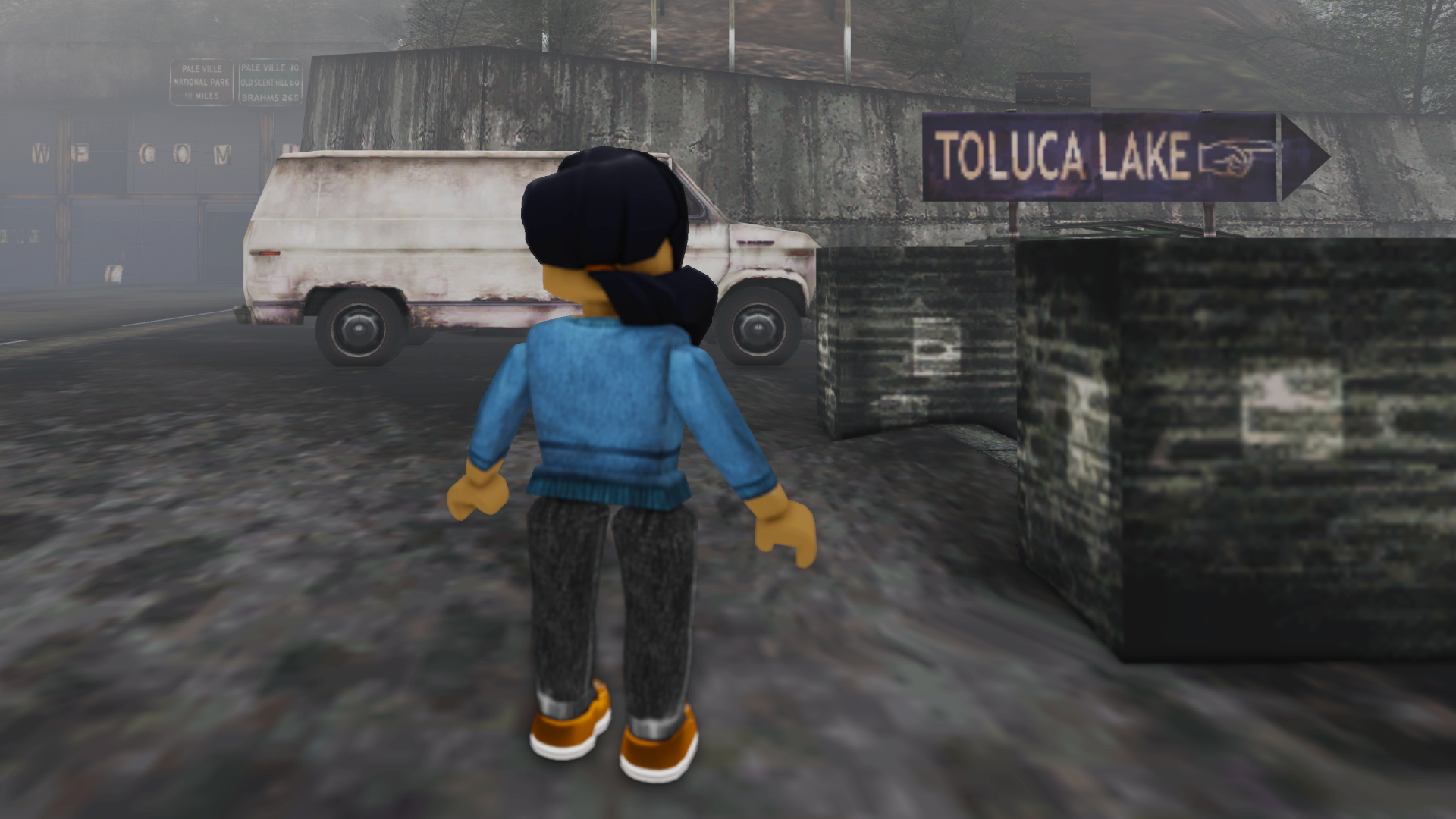 A Roblox character in a blue shirt and jeans stands in front of a sign for Toluca Lake in a custom Silent Hill 2 game