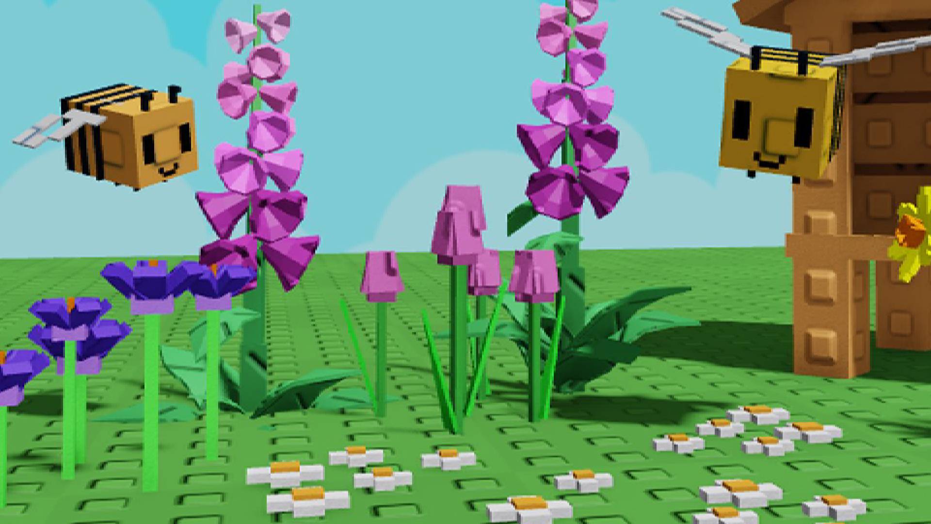 Two bees surrounded by flowers in Roblox Grow a Garden