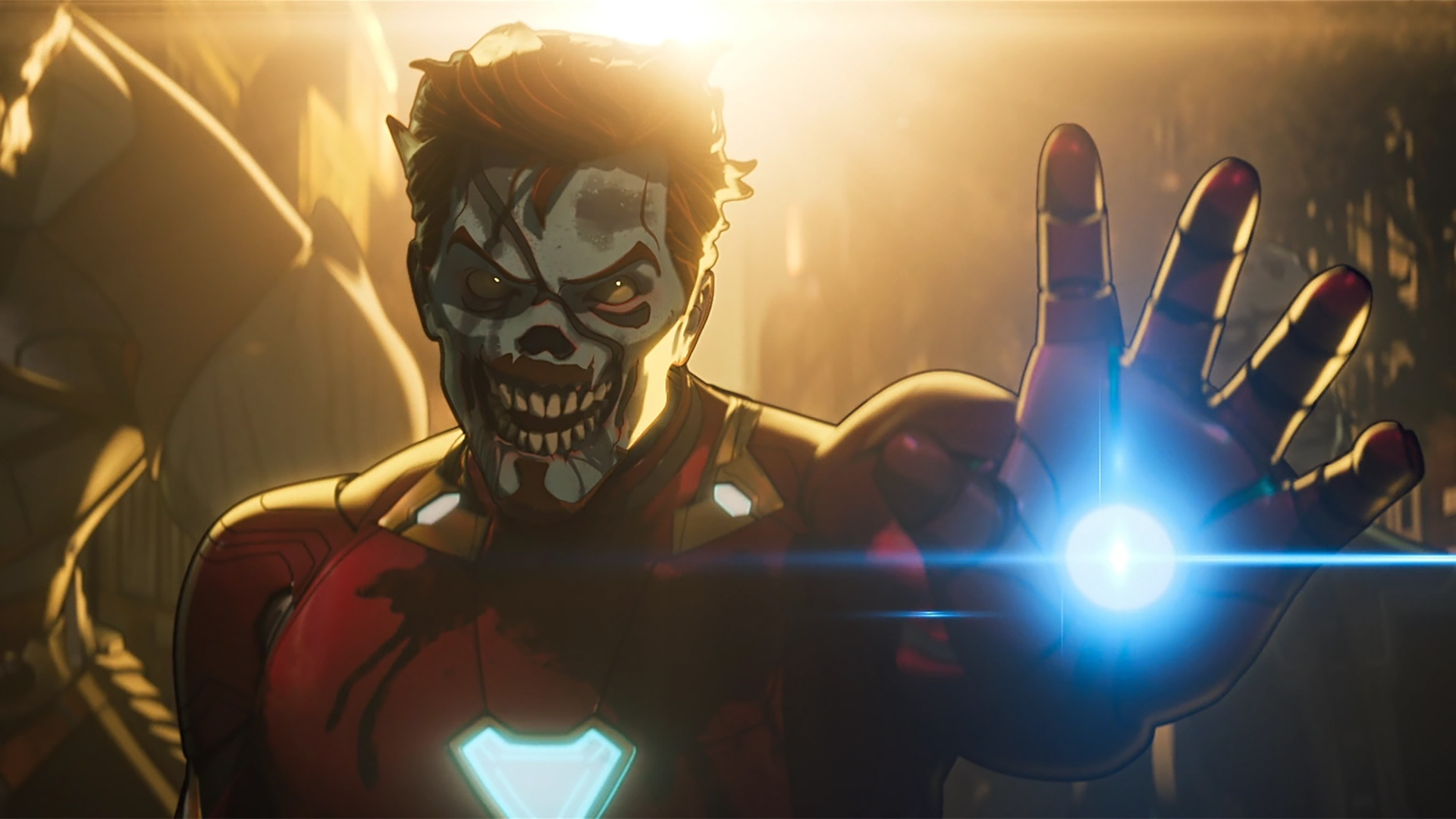 Zombie Tony Stark readying a blast from his repulsor ray