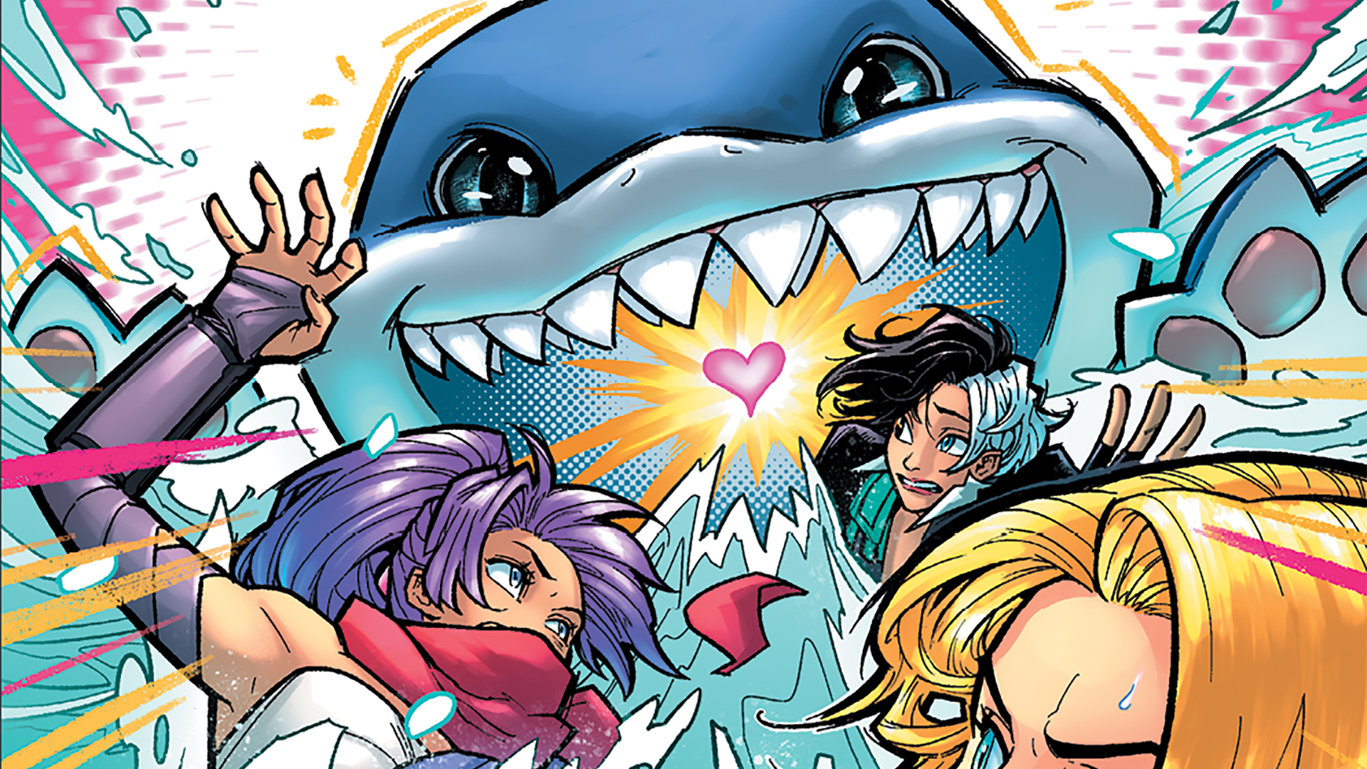 Jeff the Landshark swallowing up Luna Snow, Emma Frost, and Psylocke on the cover of Marvel Rivals: Timestream Adventure