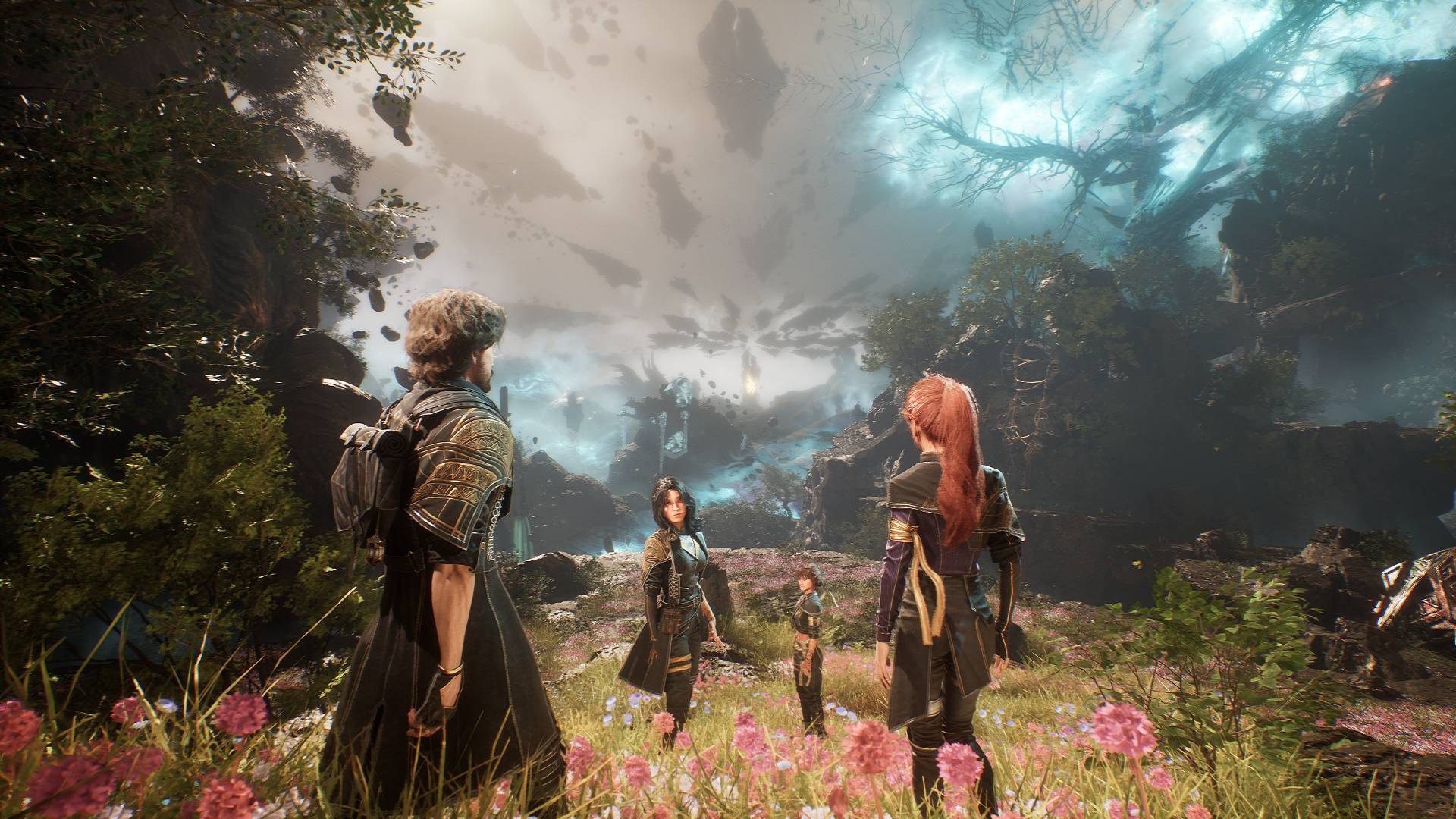 Screenshot from Clair Obscur: Expedition 33 showing a number of characters stood together, a gloomy sky ahead of them.
