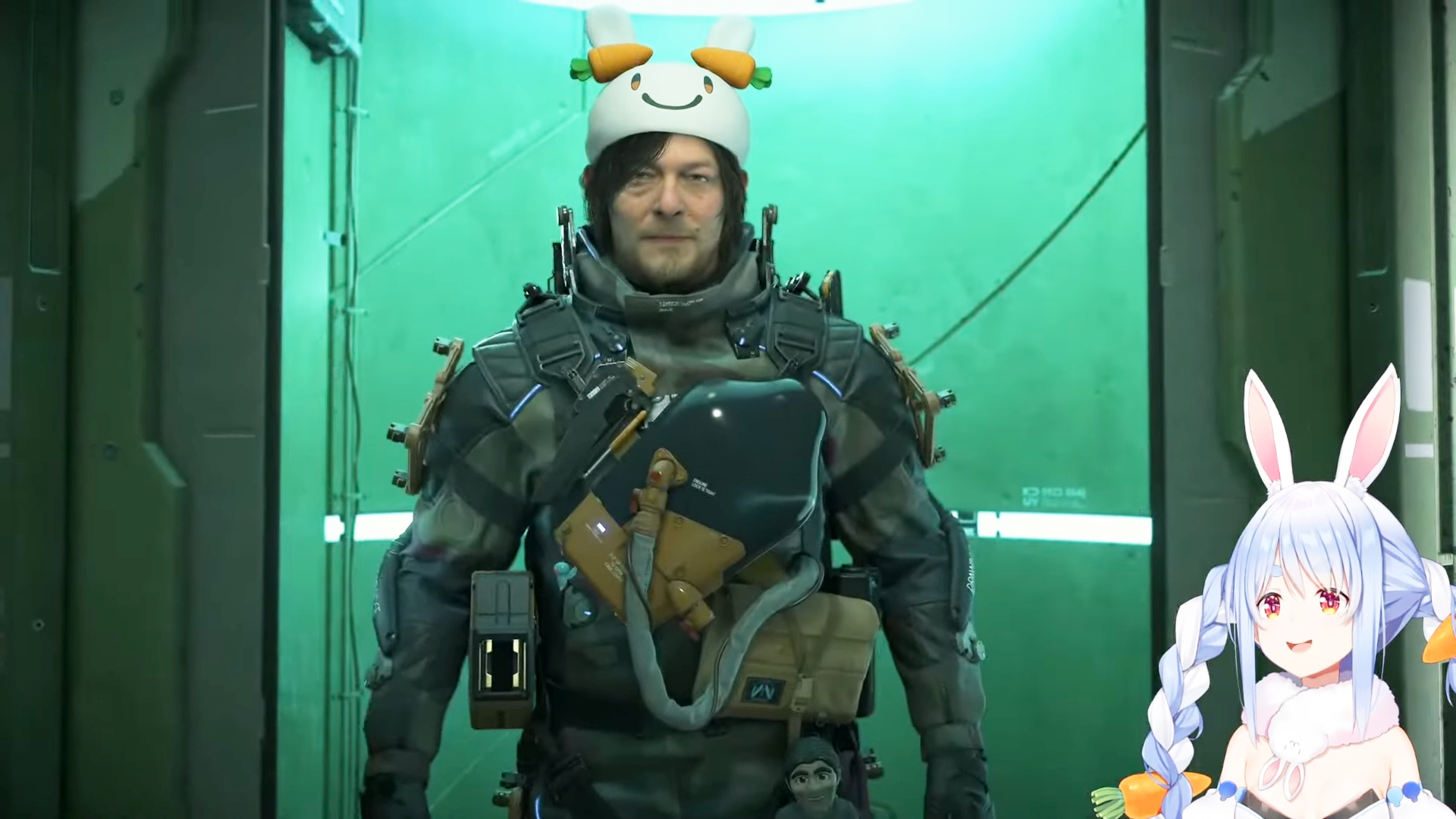 A screencap of an Usada Pekora Hololive stream where the vtuber is playing Death Stranding 2. The main character of the game is wearing a bunny hat themed after Pekora's model design.