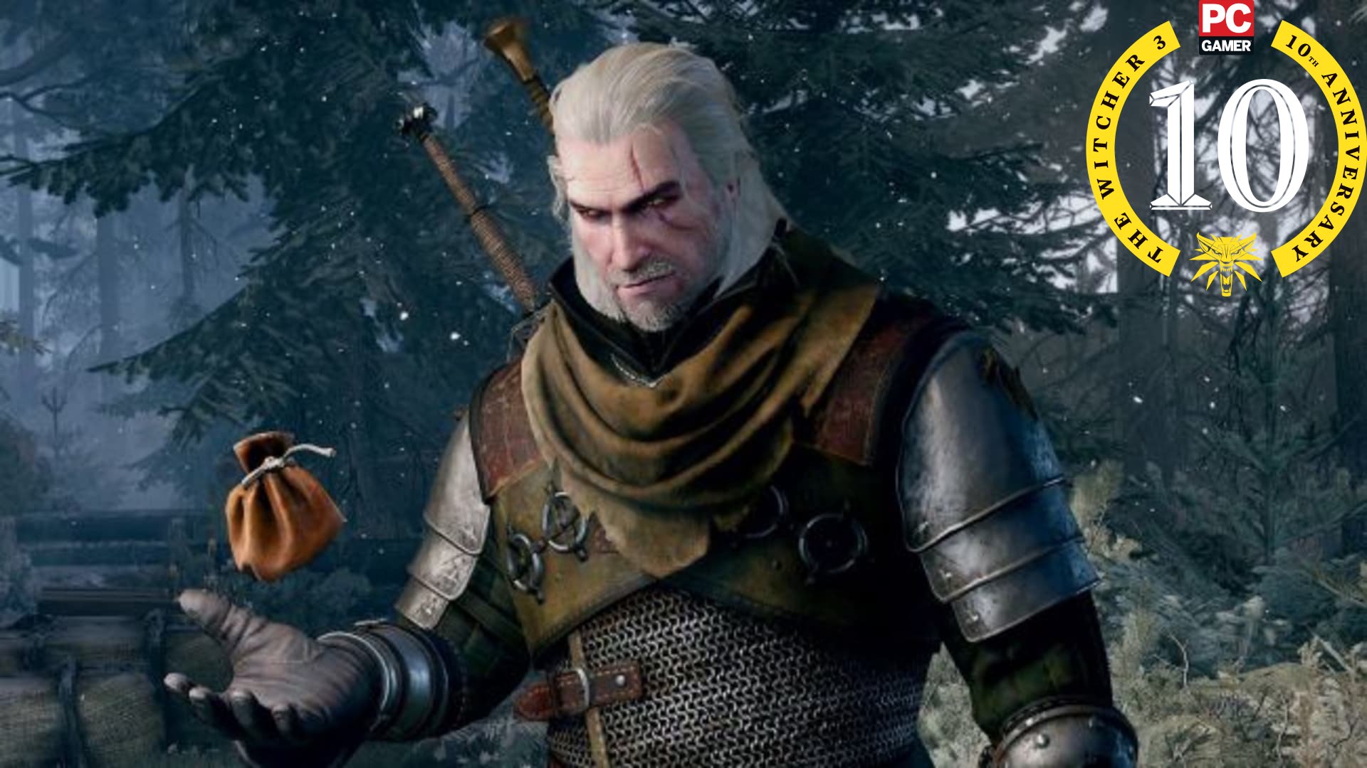 Geralt tosses a coinpurse. In the corner is a badge marking The Witcher 3's tenth anniversary.