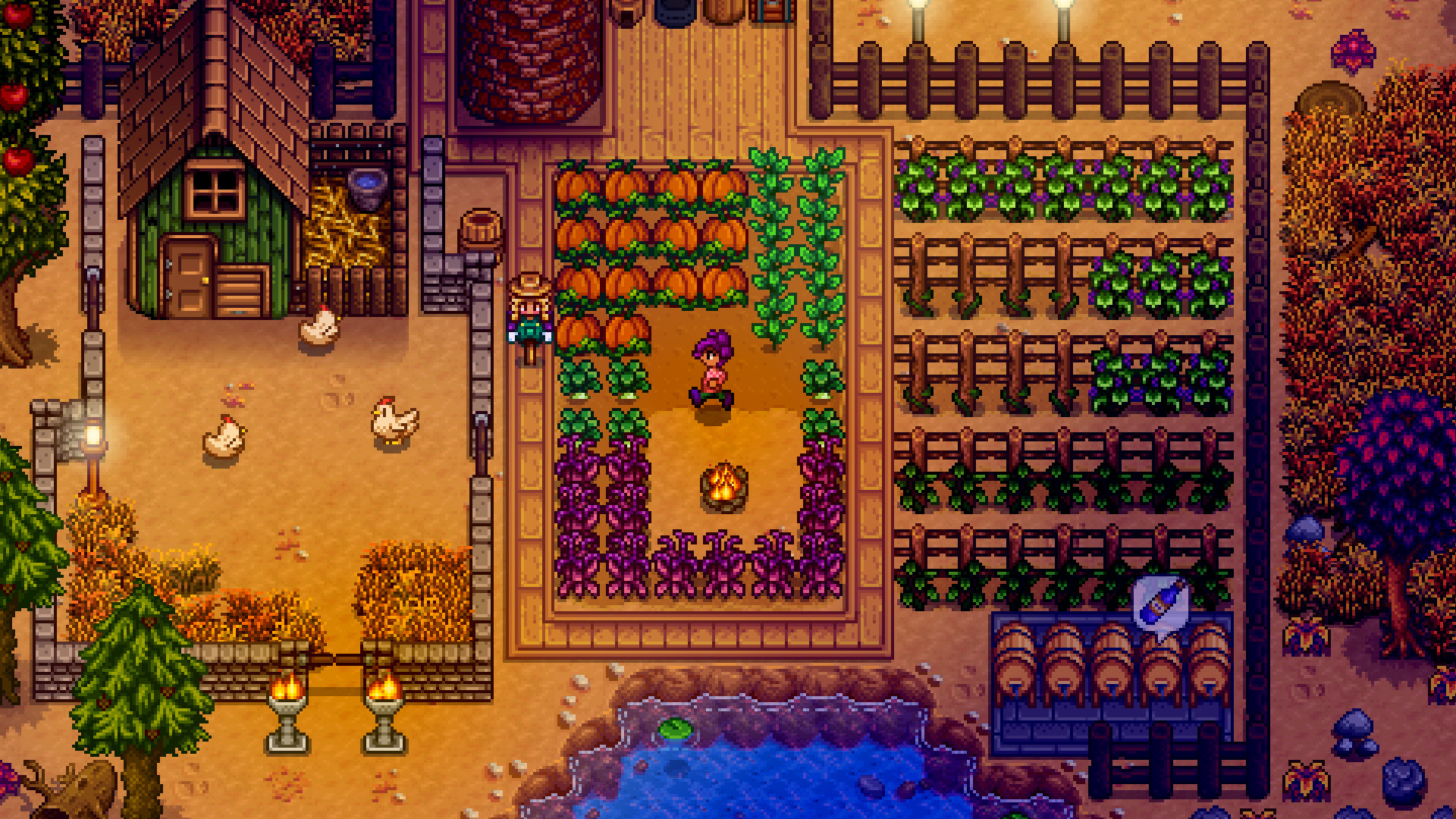 A farmer in Stardew Valley walking around their farm late at night.