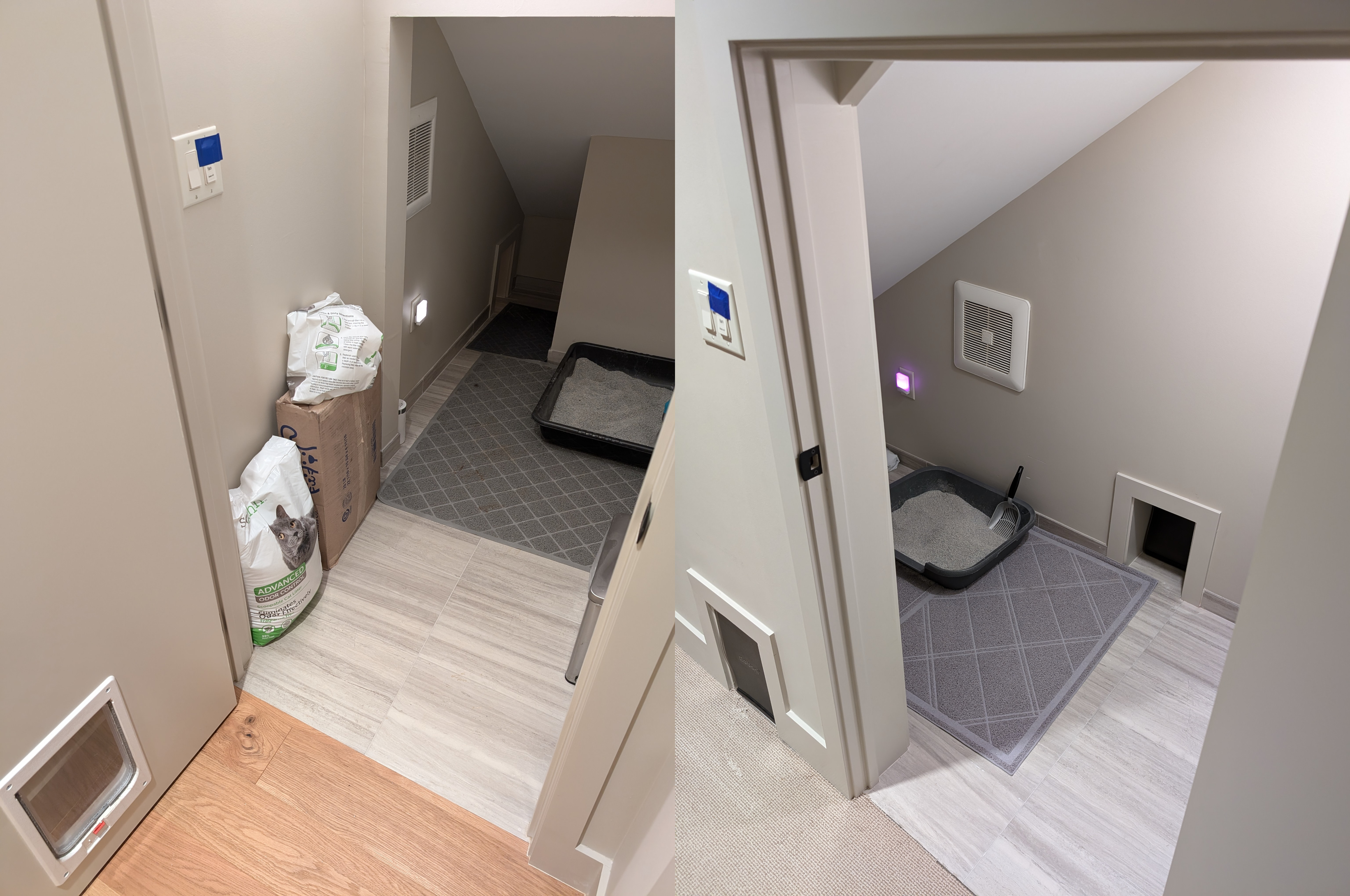 eef4bqdd8ffi6ys7gbwpw7 Two of the LAN party house's 'cat restrooms.' These are two alcoves with litter boxes and dedicated air ventilation, plus cat doors.