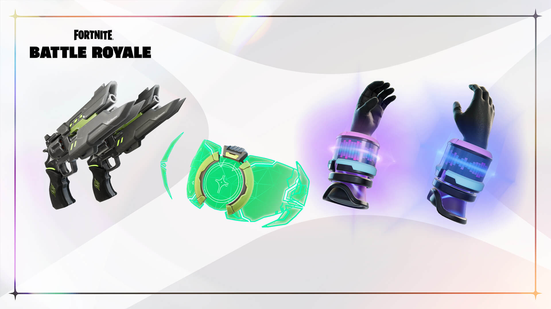 Fortnite Season 3 Chapter 6 Super weapons Killswitch Revolvers, Tracking Visor, and Bass Boost gloves on white background