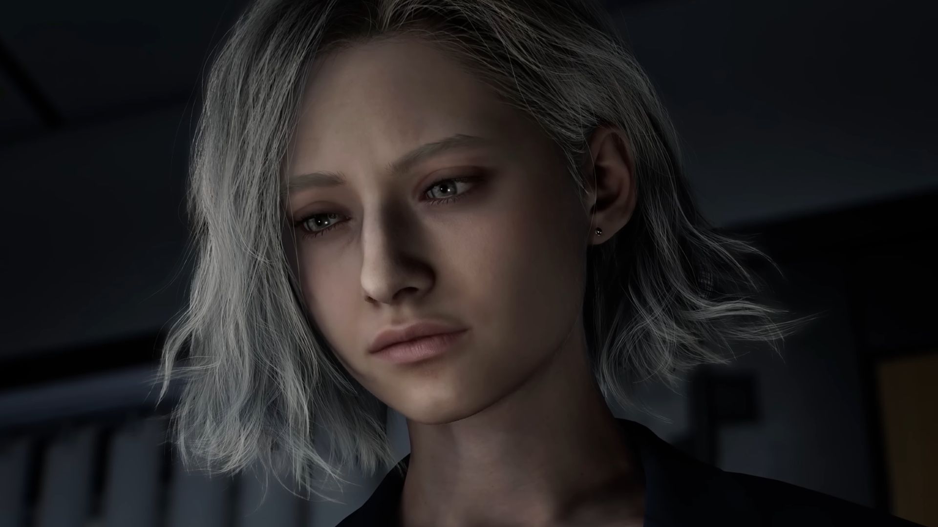 Close-up of Grace Ashcroft from the Resident Evil Requiem reveal trailer. She's got short, platinum blonde hair and looks like a young adult.