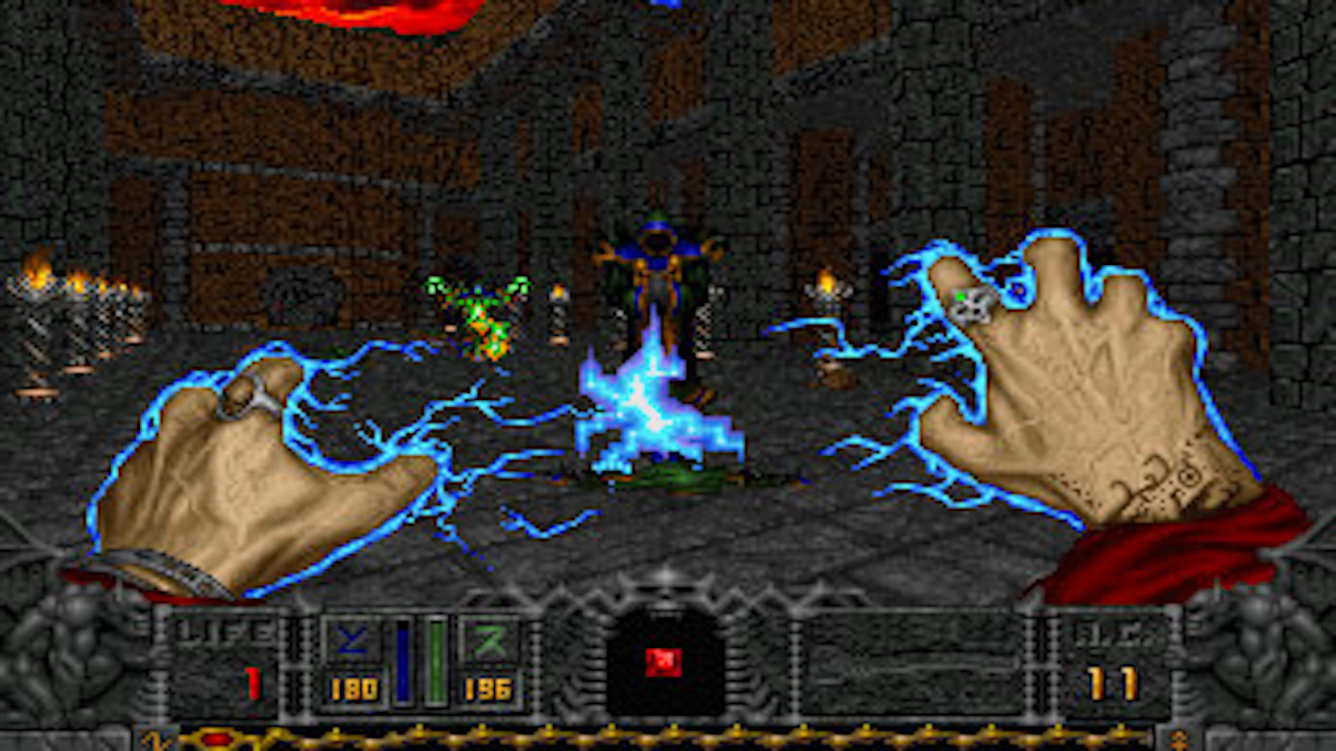 First-person view of hands shooting lightning at enemies in a screenshot from Hexen.