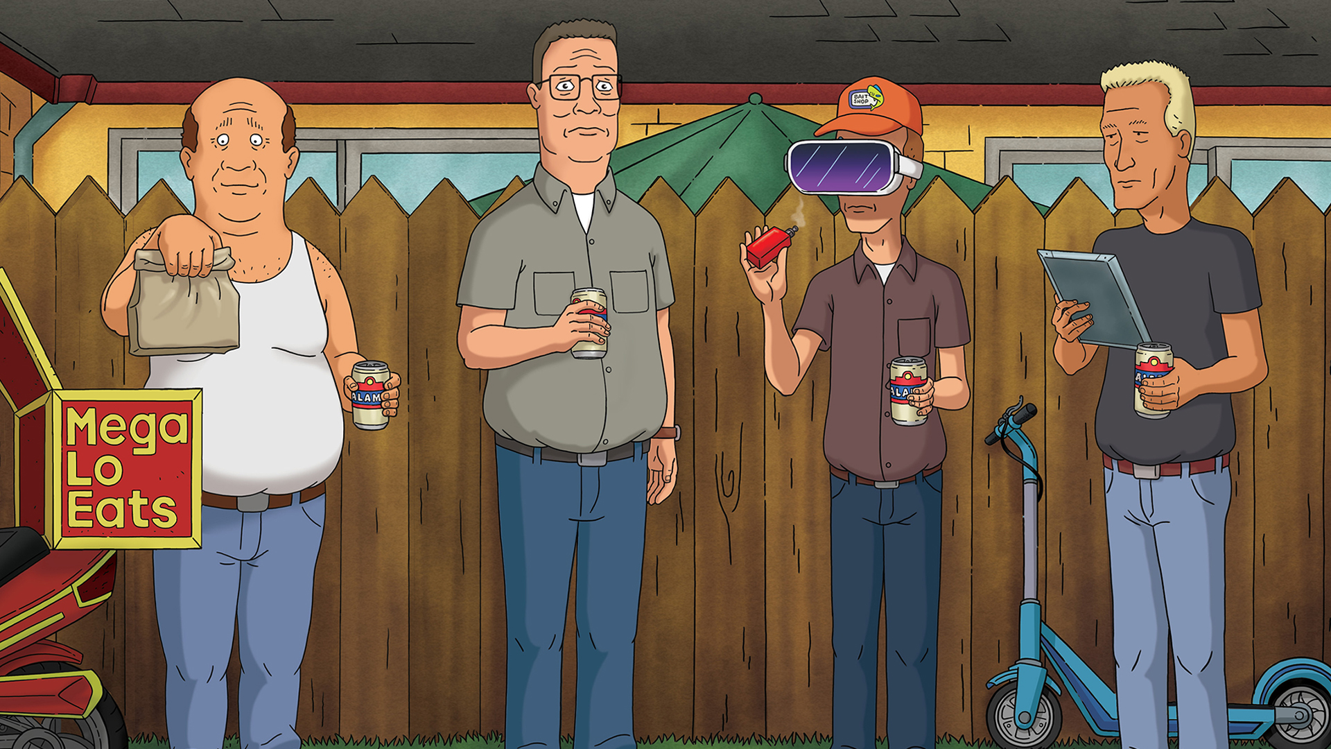 An older Bill, Hank, Dale, and Boomhauer lined up against Hank's fence, with modern technology all around