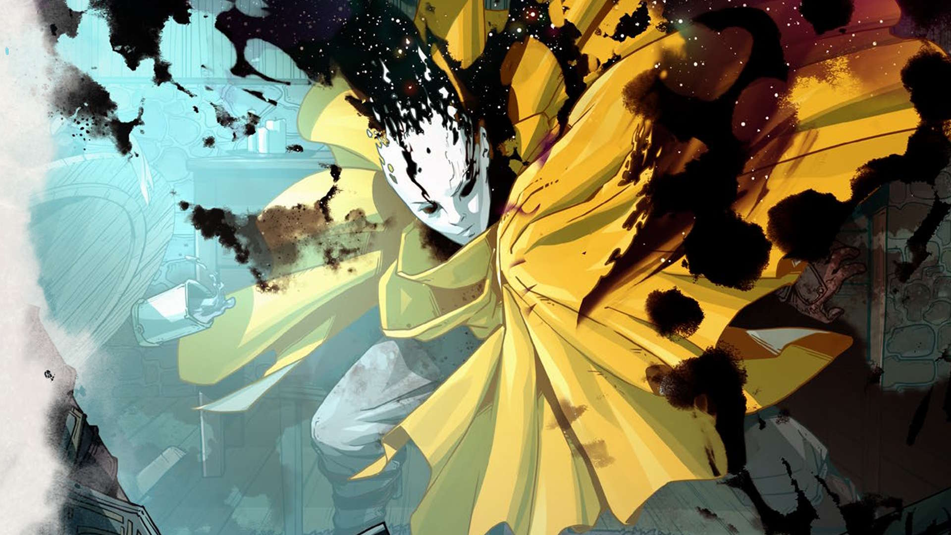 A cloaked figure with a white head spewing black ink whirls while staring into the foreground