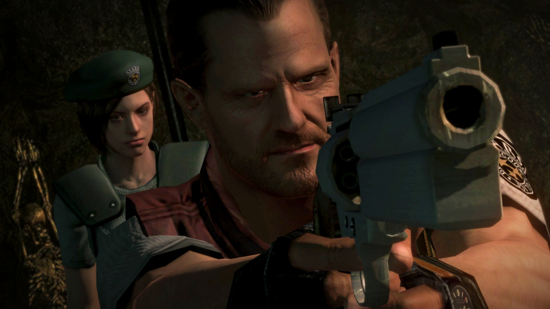 Resident Evil screenshot showing a man pointing his gun straight ahead, a young woman in gear standing bheind him